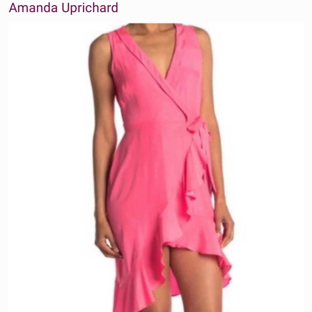 Amanda Uprichard Pink Wrap Ruffle Midi Dress XS | Asymmetrical Hem